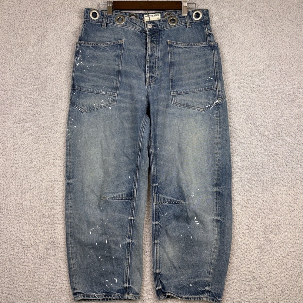 We The Free Jeans Womens 29x26 Blue Paint Splatter Grommet Wide Leg Barrel Baggy